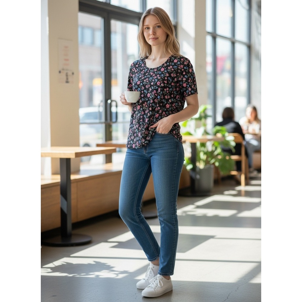 Preswick & Moore Womens 3X Black Pink Blue Floral Scoop Neck Short‎ Sleeve Top